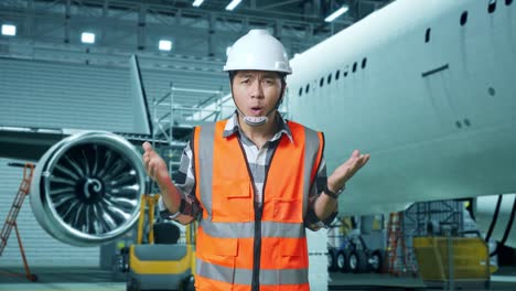 ingeniero masculino asiático con casco de seguridad de pie con aviones en el hangar. preguntándose y diciendo por qué trabajar con duda mientras el mantenimiento de aviones