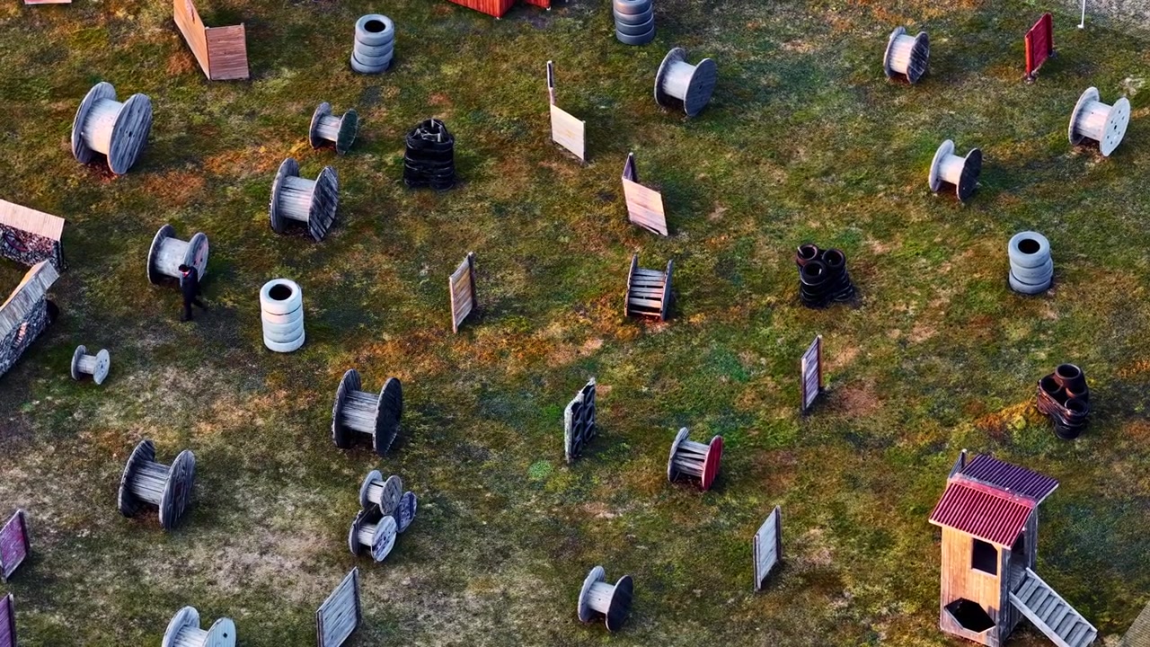 Players moving between wooden spools and tires during a tactical paintball competition