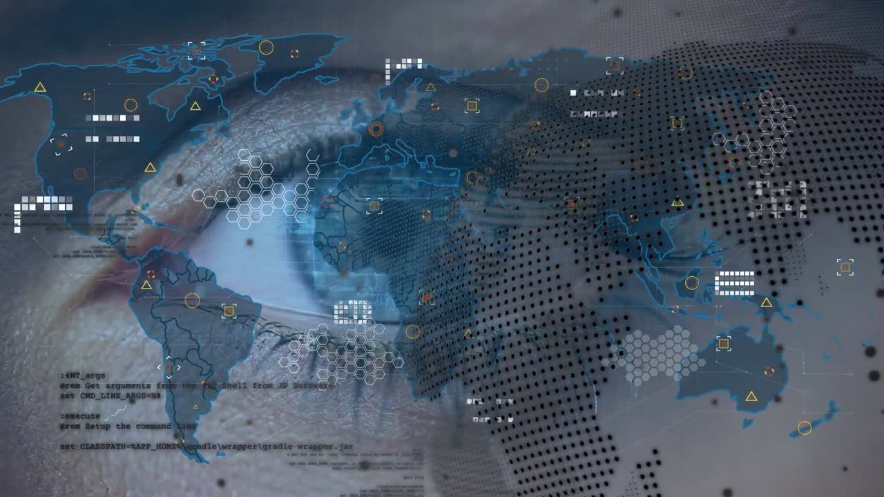 Animation of world map and icons over eye of caucasian woman