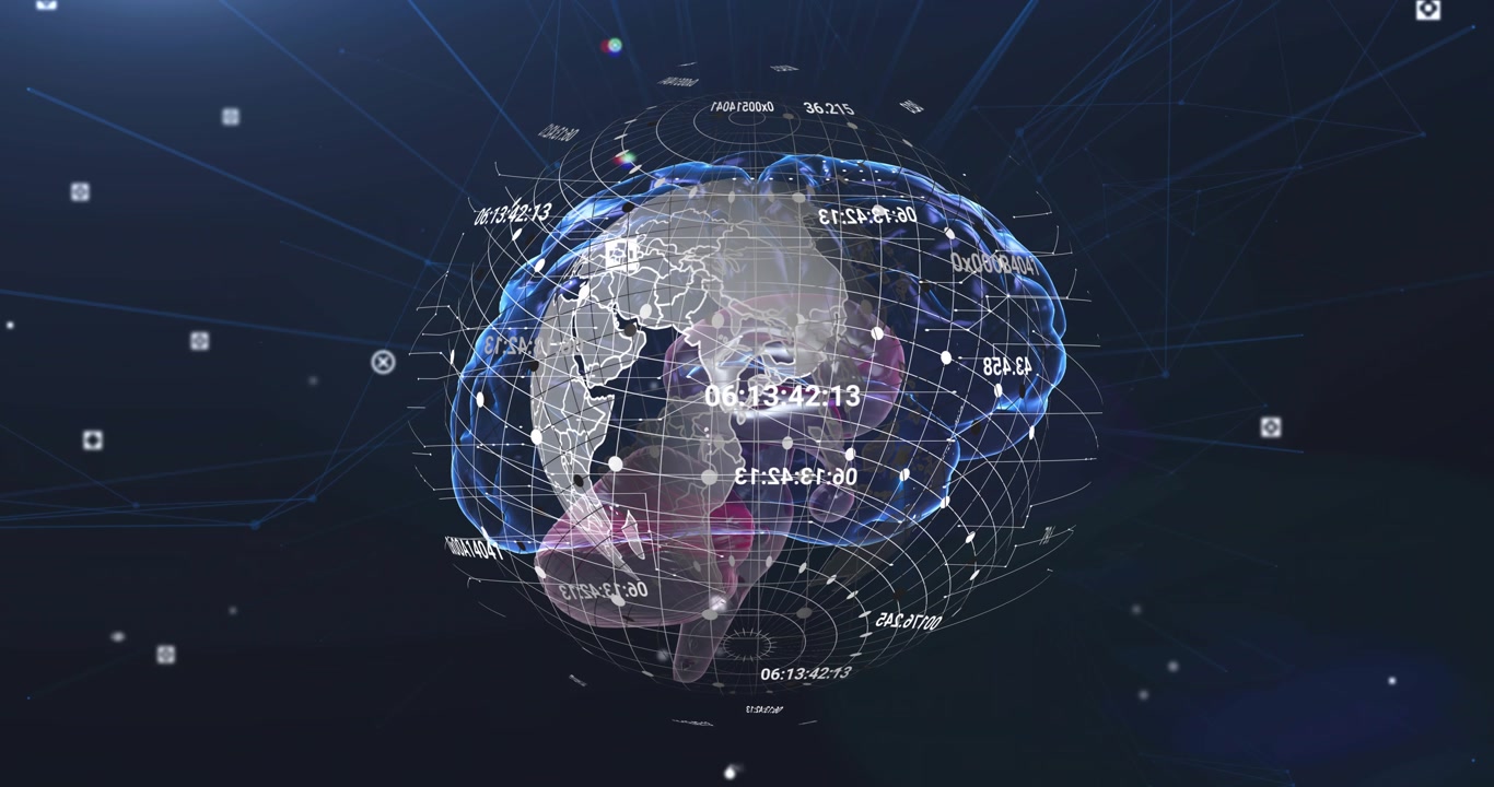 Upon globe appearing mesh globe rotating while numeric readouts drifting visualizing data
