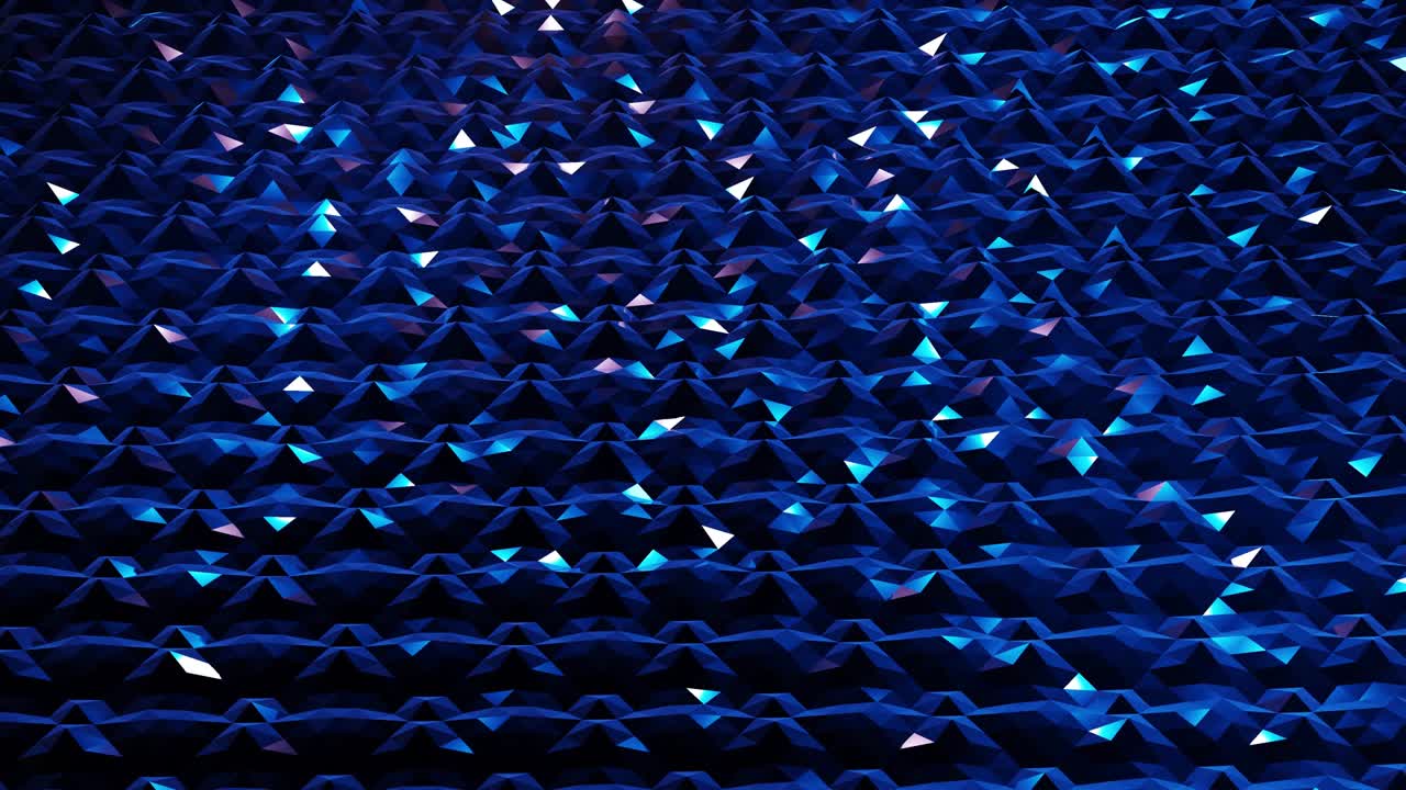 4k에서 세련된 어두운 추상적인 낮은 폴리 배경, 추상적인 파동은 반이는 금속 표면에서 루프로 움직입니다, 부드러운 부드러운 무 애니메이션, 간단한 미니멀리즘 기하학, 푸른 색.