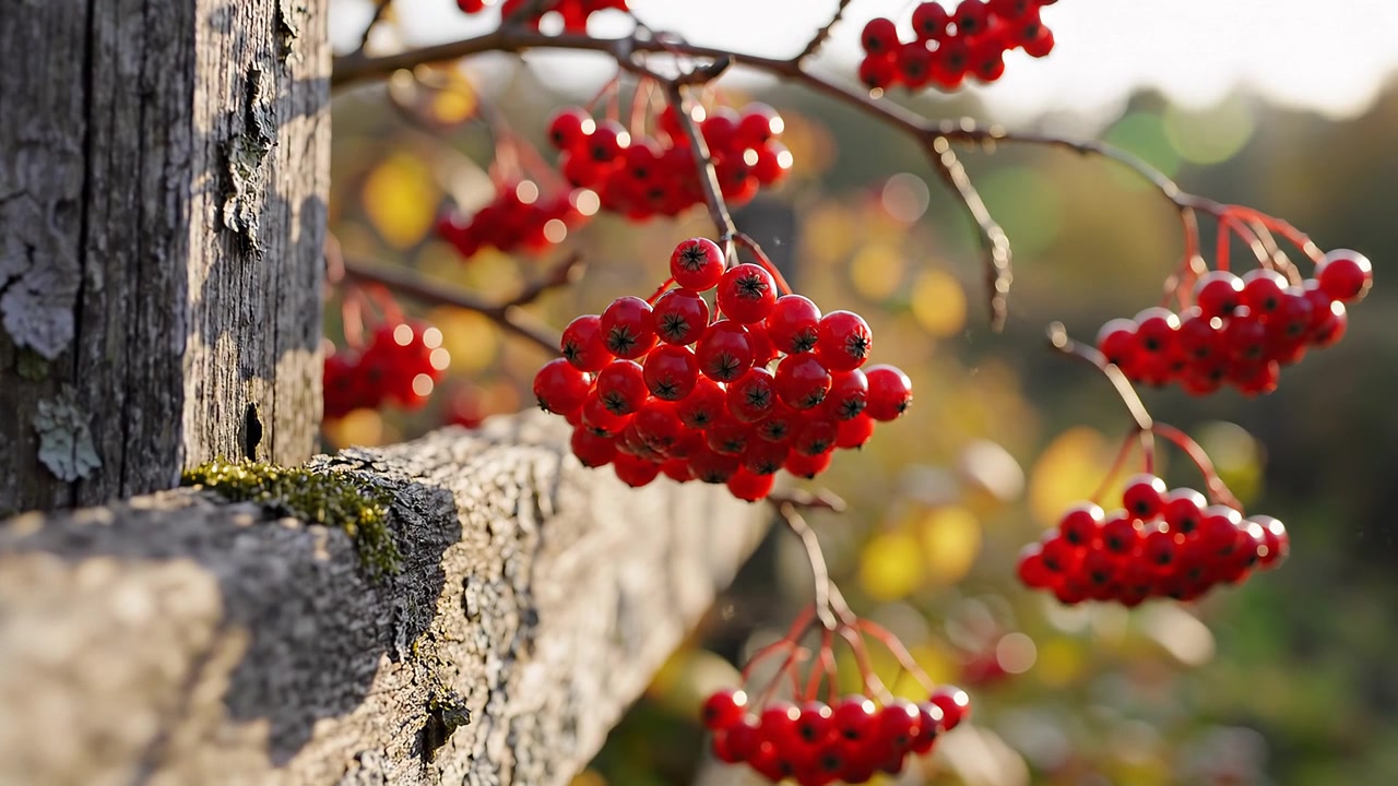 Bacche rosse di sorbo alla luce del sole autunnale vicino a una recinzione di legno