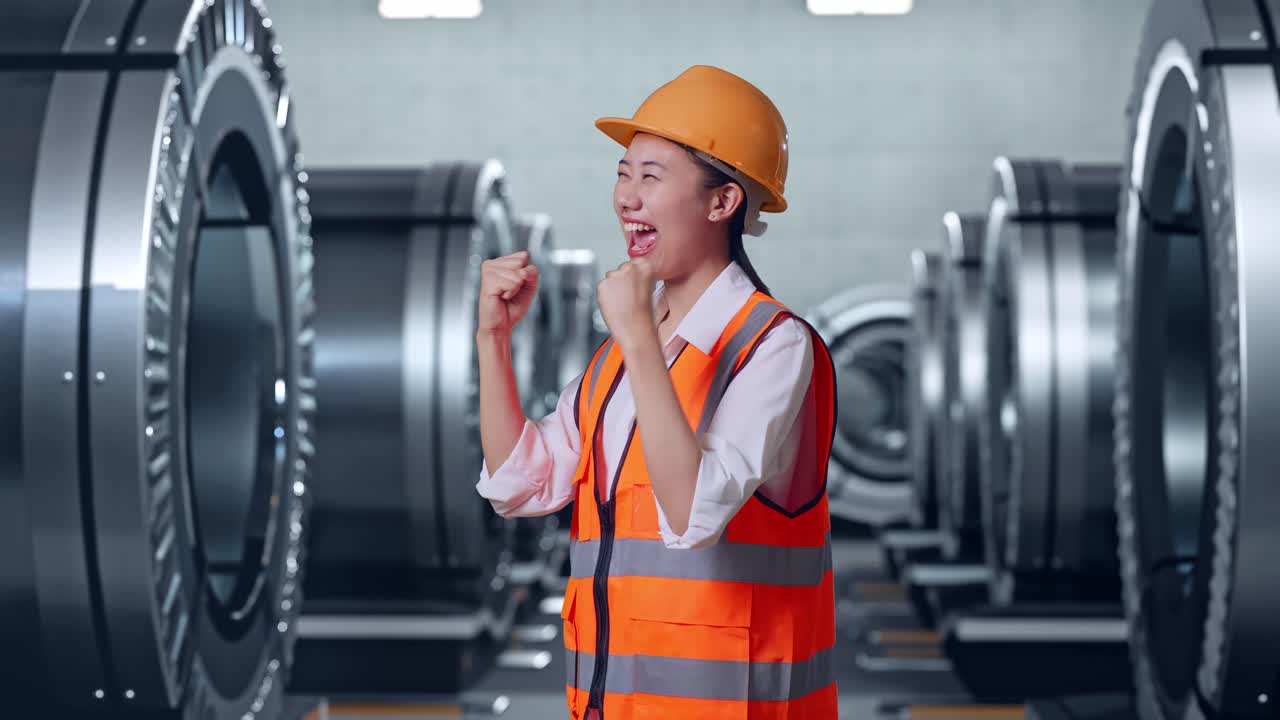 안전 헬을 입은 아시아 여성 엔지니어의 측면 뷰. 금속 공장에서 일하는 것을 축하하는 목표를 비명을 지르고 있습니다.