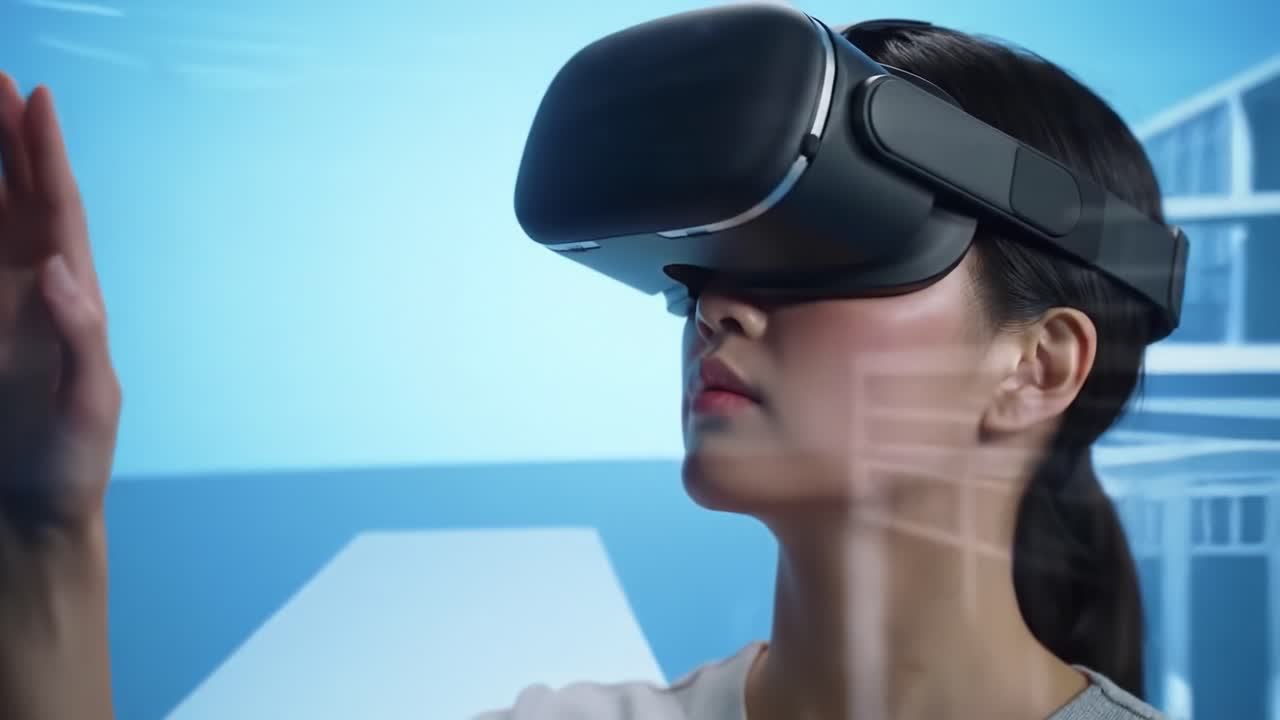 A young woman engages with virtual reality technology, interacting with digital elements in a modern environment. The experience showcases the latest advancements in immersive tech.