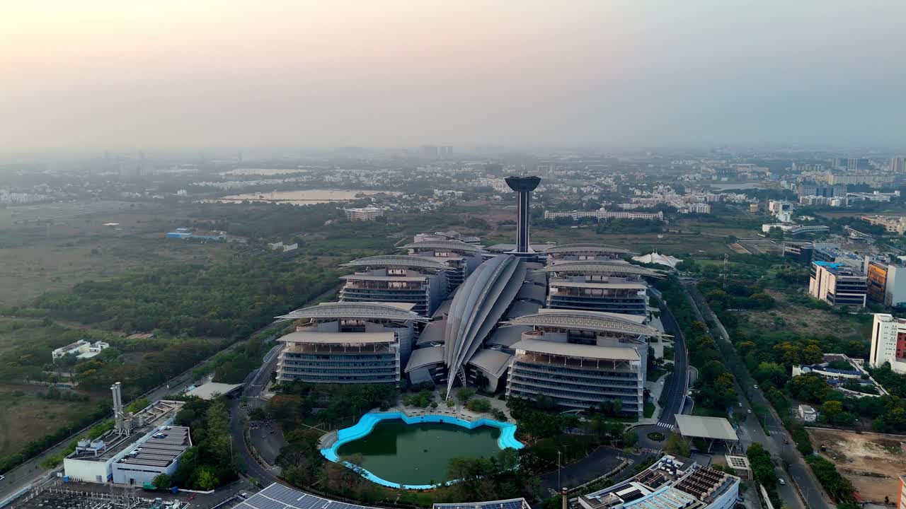 Aerial video of Tech building headquarters located in Chennai