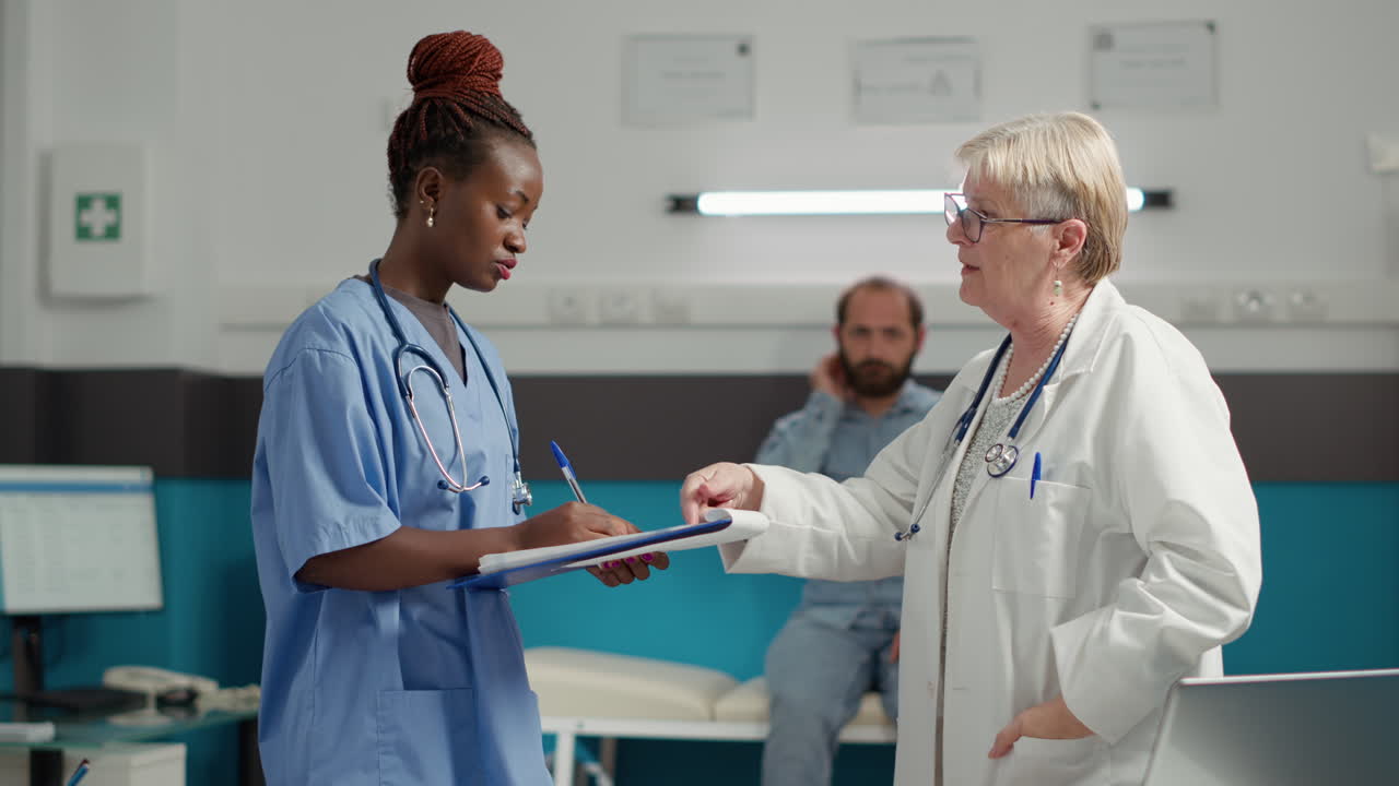 Diverse team of medical specialists talking about medication