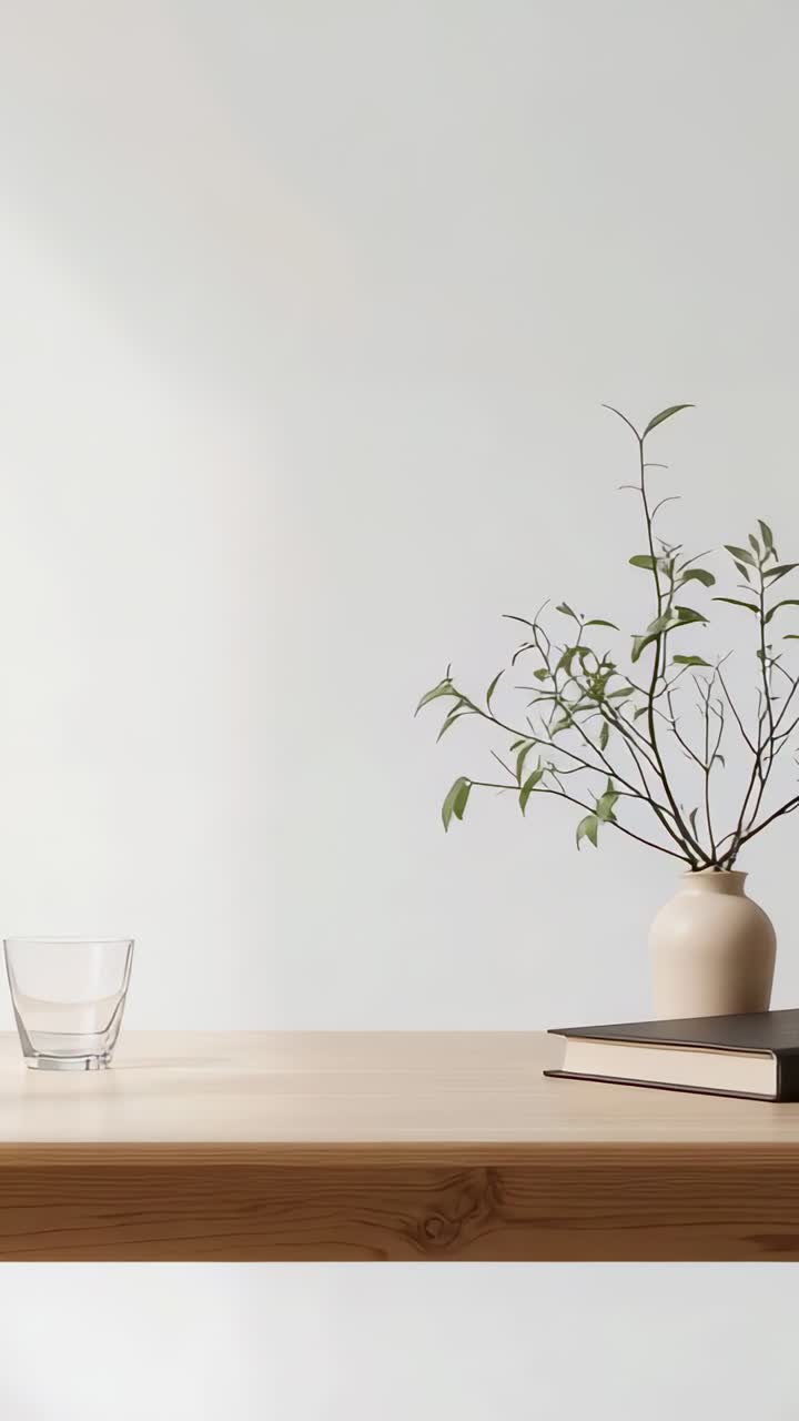 Video verticale: vaso in ceramica oscillante con rami sottili su tavolo di legno, con spostamento della luce, spazio per inserire testo