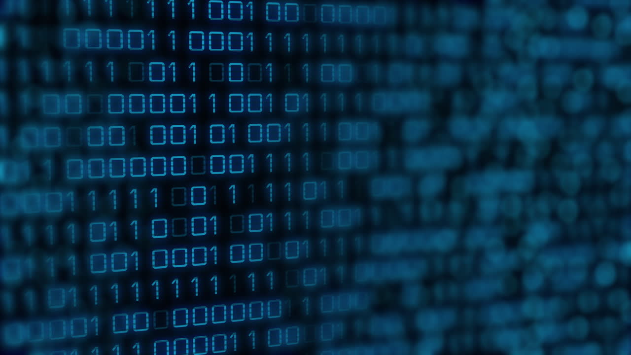 Animation of blue binary code changing on black background