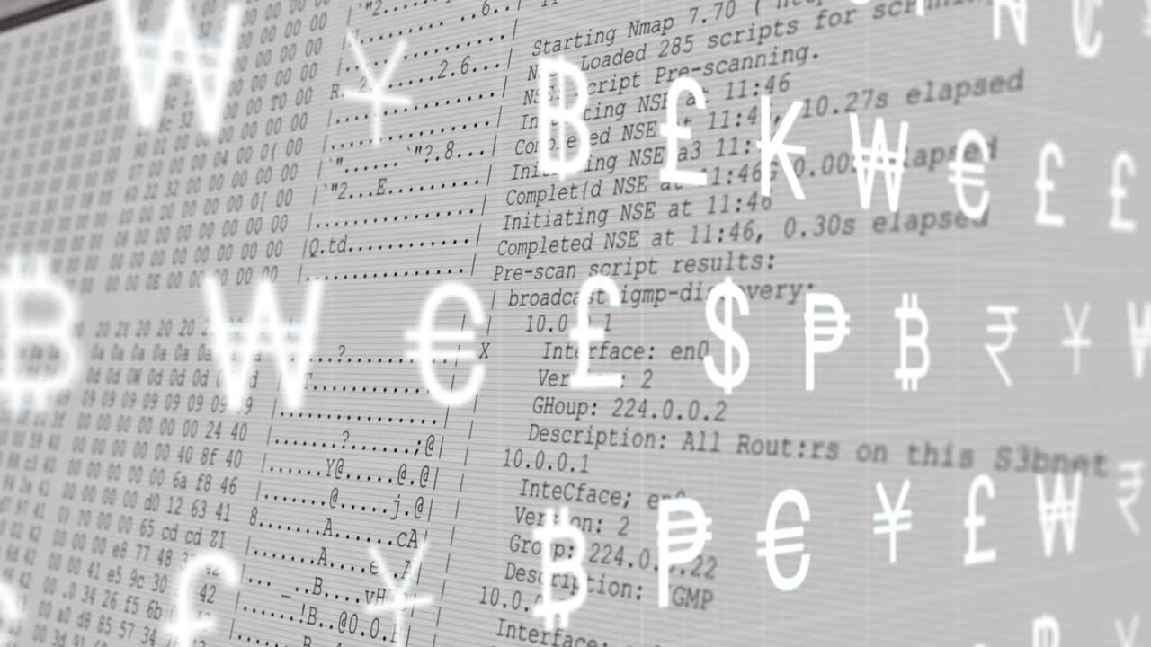 다중 통화 기호의 애니메이션은 백색 배경에 데이터 처리를 통해 이동합니다.