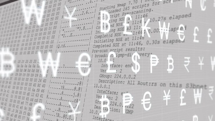 Animazione di simboli di valuta multipli che si muovono sull'elaborazione dati su sfondo bianco.