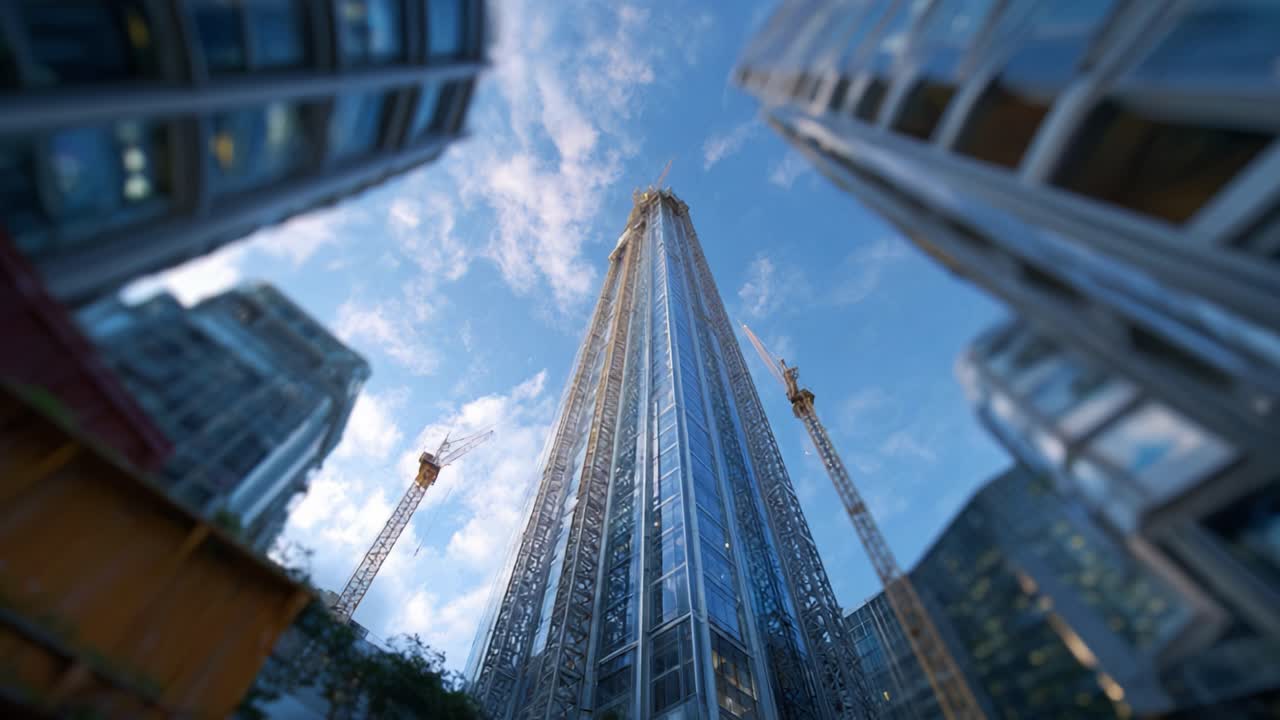 Cantiere di un grattacielo ripreso dal basso, con grattacieli e gru sotto un cielo azzurro e limpido in un contesto urbano che mette in mostra l'architettura moderna.