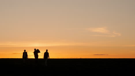 silhouette of people walking at sunset