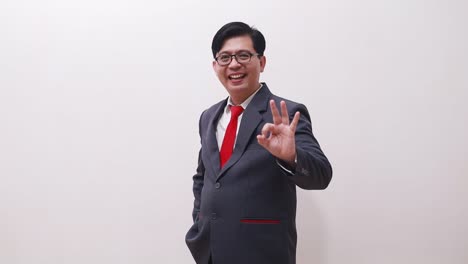 optimistic asian businessman standing while showing okay hand gesture, isolated on white