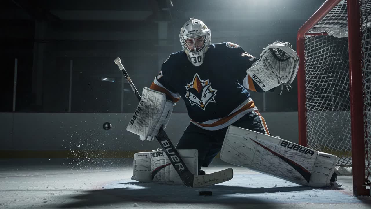 Incredible Ice Hockey Goaltender Making a Dynamic Save: A Stunning Display of Agility, Skill, and Precision in an Intense Moment of the Game