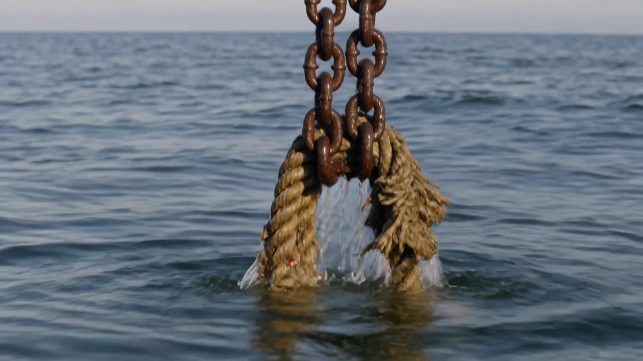 Un argano di sollevamento tira una catena arrugginita con una corda intrisa dal mare aperto per recuperare qualcosa, rivelando un filo rosso.