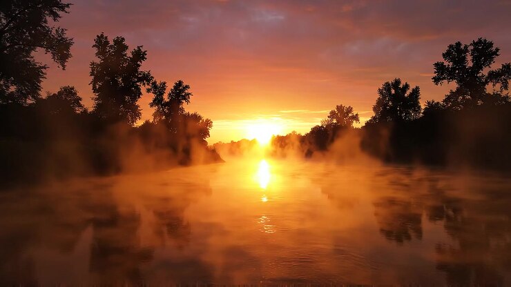 Nebbia che sale da un fiume calmo all'alba dorata