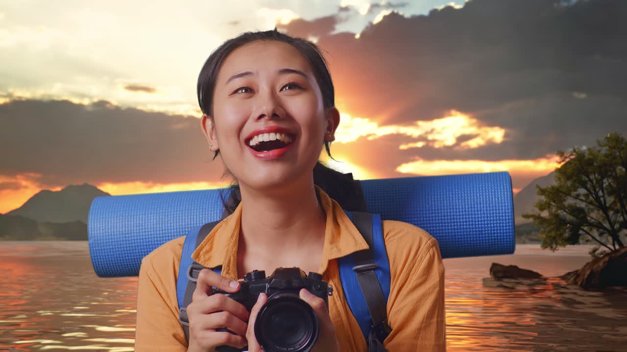 Close Up Of Asian Female Hiker With Mountaineering Backpack Smiling And Holding A Camera In Her Hands Then Looking Around While Standing At A Lake During Sunset Time