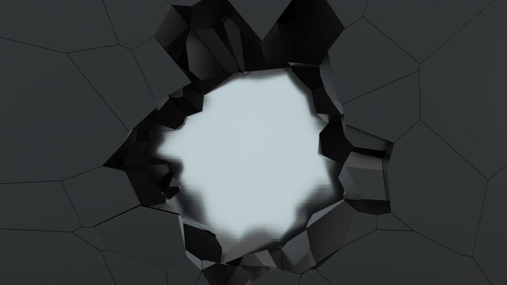Crack hole on the dark metal wall, 3d rendering.