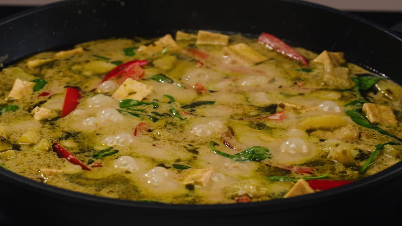 Close-up of Green Curry with Tofu and Vegetables
