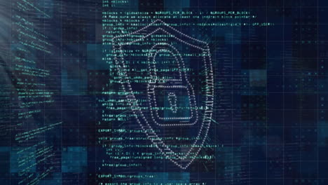 animation of security padlock icon, data processing and light spot against blue background