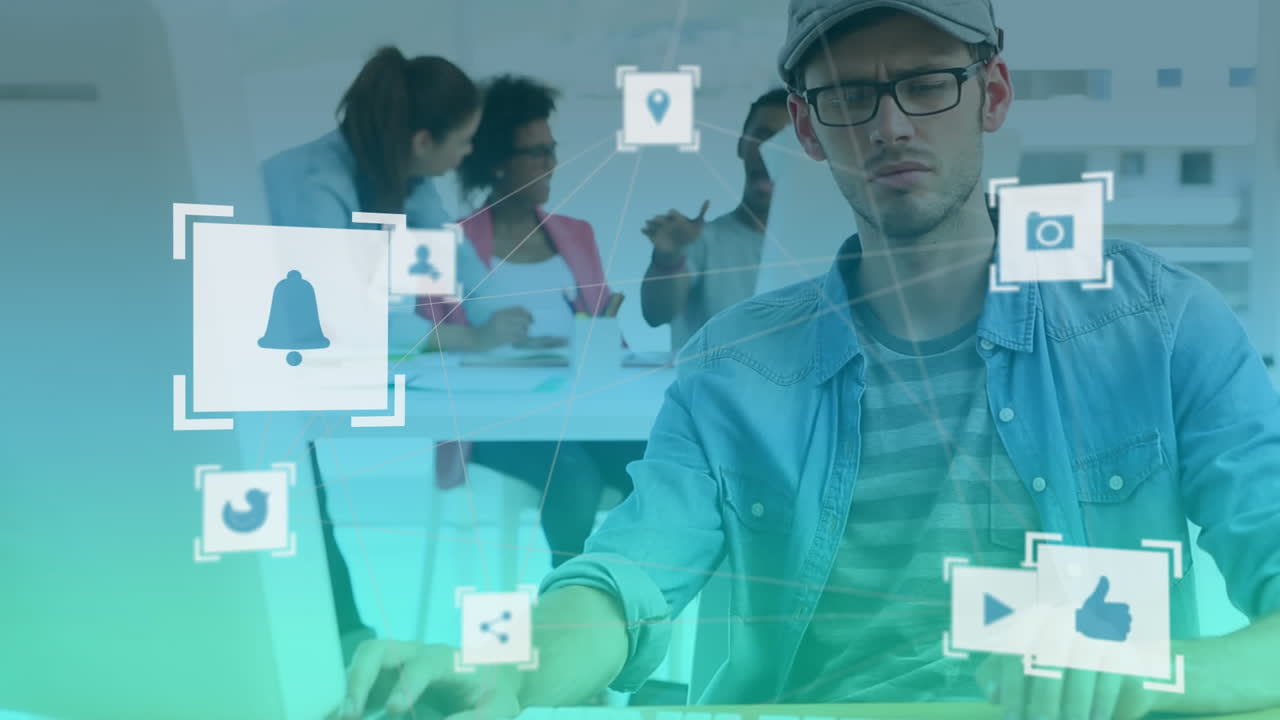 animación de la red de iconos sobre las personas que trabajan en la oficina