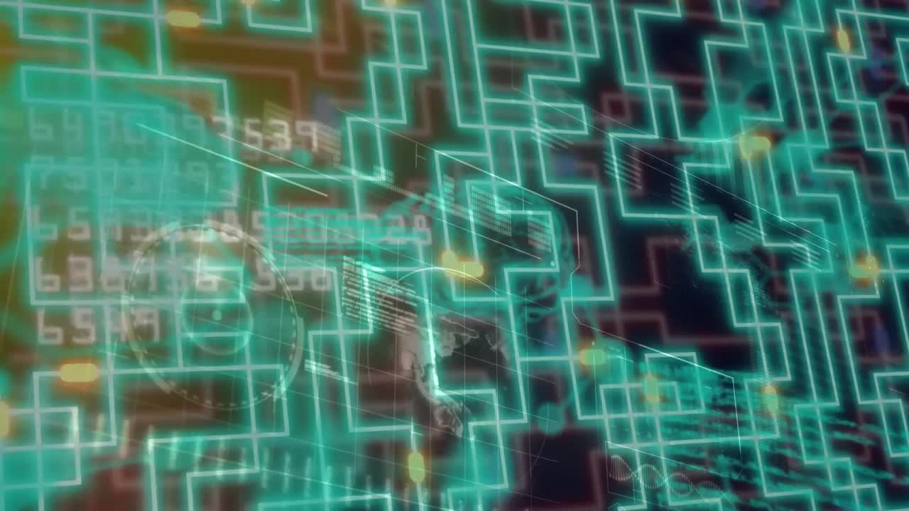 Animation of glowing connections and digital data processing on dark background