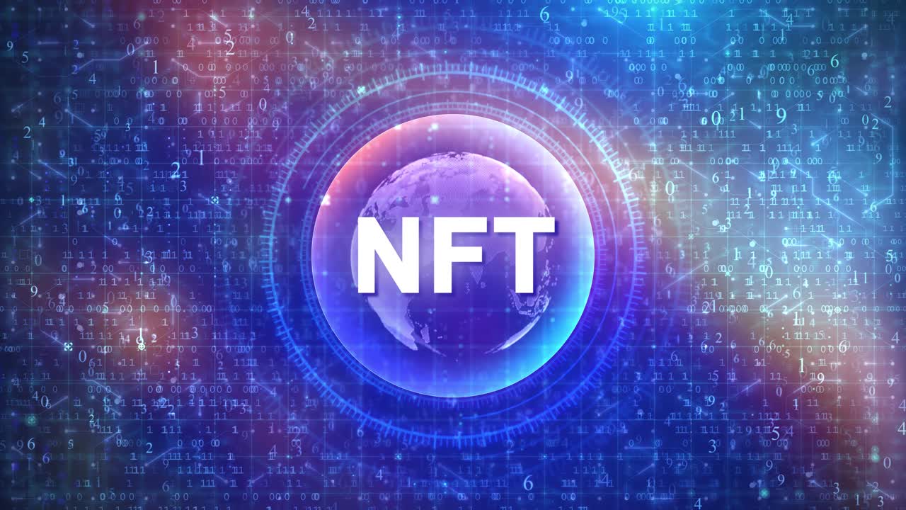 NFT-koncept på futuristisk cyberspace-baggrund med HUD, tal og globus