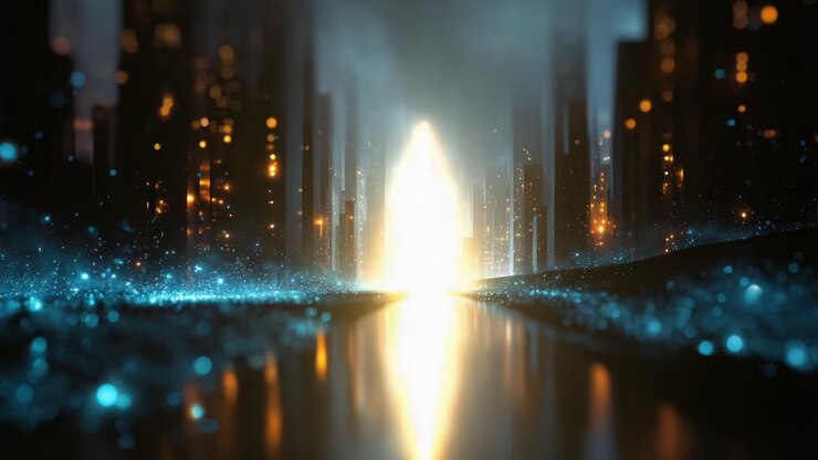 A Surreal Journey Through a Futuristic Cityscape Bathed in Blue and Golden Light, Reflecting on the Smooth Water Surface with Flecks of Radiance