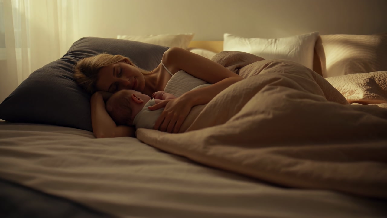 Mother And Baby Cuddle In Bed Soft Morning Light Filters Through Sheer Curtains Warm Blanket And Plush Pillows