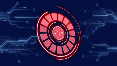 Animation-of-scope-scanning-over-computer-circuit-board-with-icons-on-blue-background