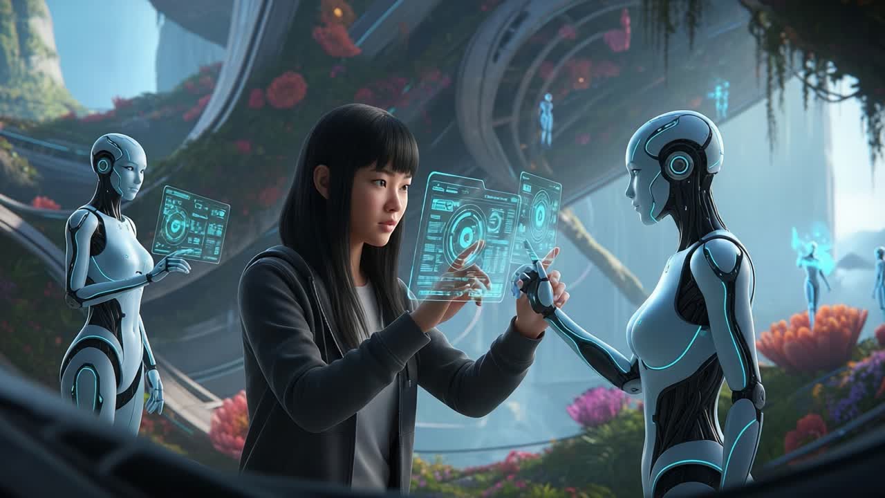 A young girl engages with advanced robots in a futuristic landscape, manipulating holographic displays, showcasing the harmonious coexistence of humans and technology.