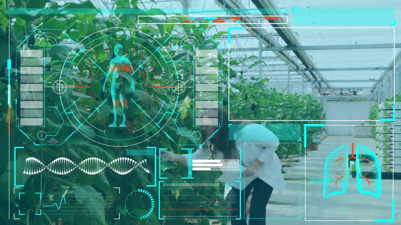 Medical interface against female scientist working in greenhouse laboratory