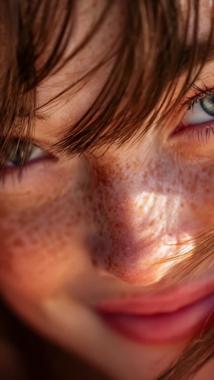 Close-Up Portrait of a Young Person with Freckles and Light Reflections on Skin Captured in Two Distinct Frames Highlighting Unique Expressions and Features