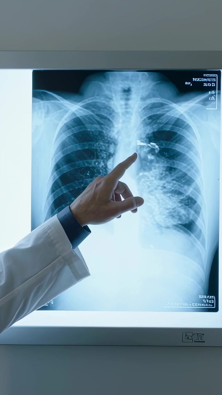 Video vertical: Doctor con bata de laboratorio entrando por la derecha, señalando una radiografía de tórax que muestra metal y opacidad