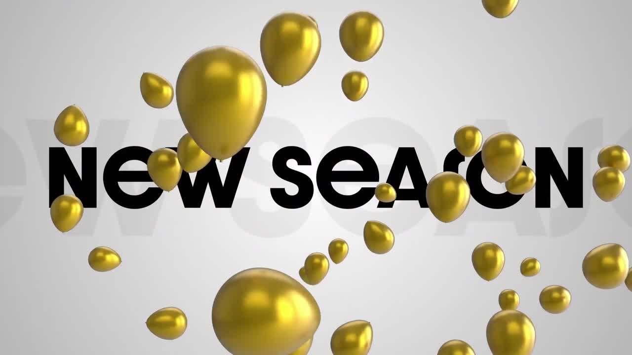 animación del texto de la nueva temporada y globos sobre fondo blanco