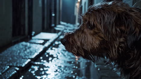 perro mojado en un callejón veneciano por la noche
