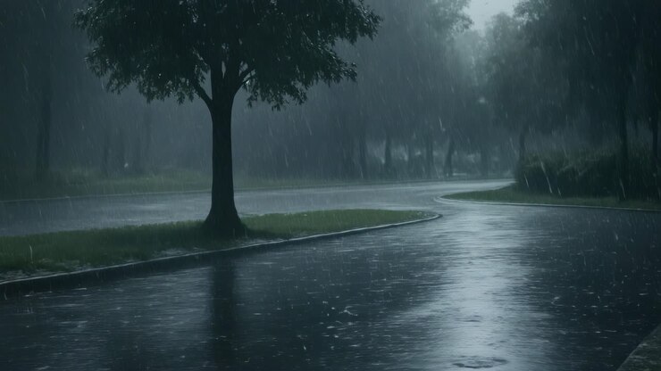 Moody video scene of a rainy road with a lone tree, captured from a low angle