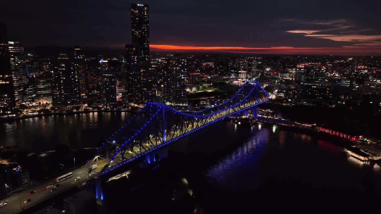Establishing drone shot of Brisbane City's Story Bridge
