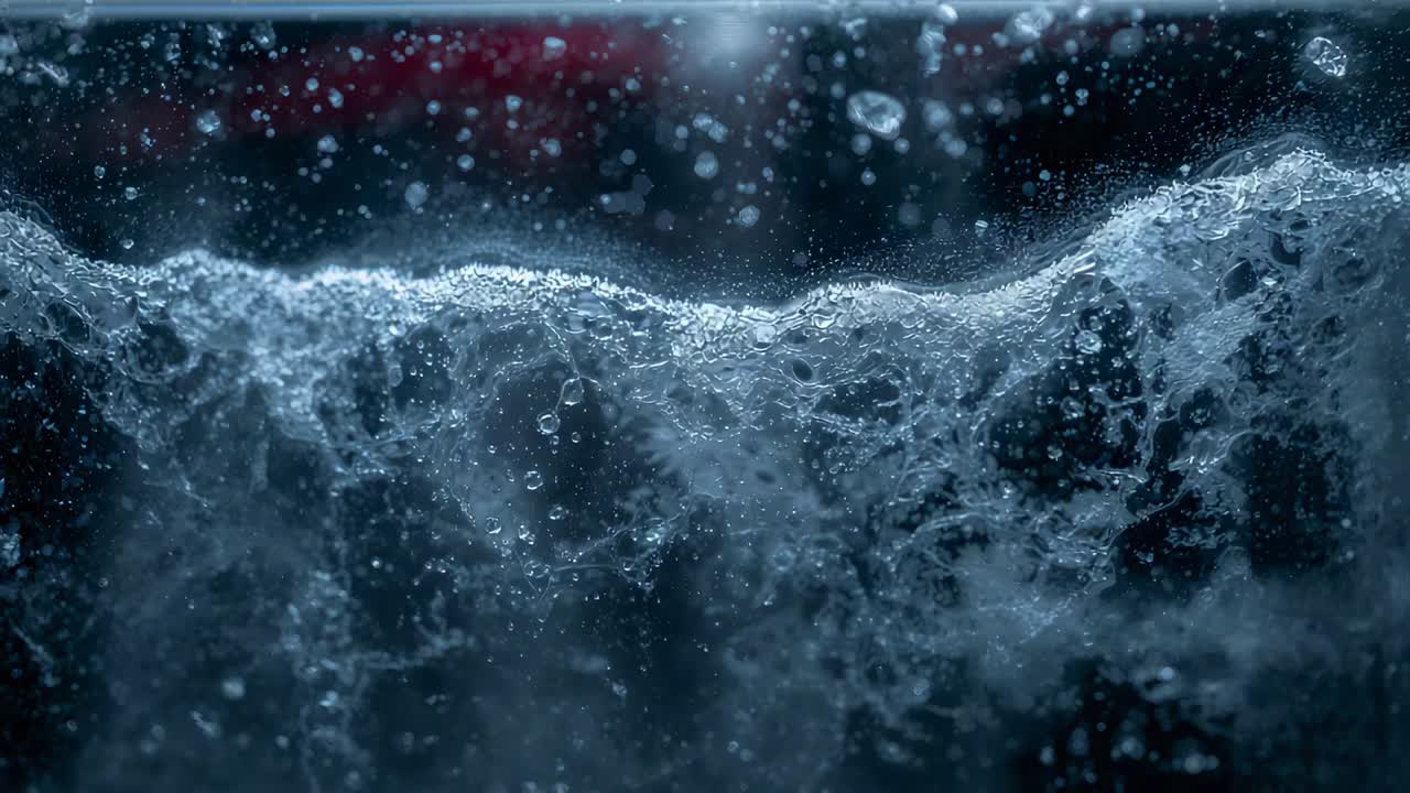 Recording tank agitation creating microbubbles detaching and rising in side view, rim light