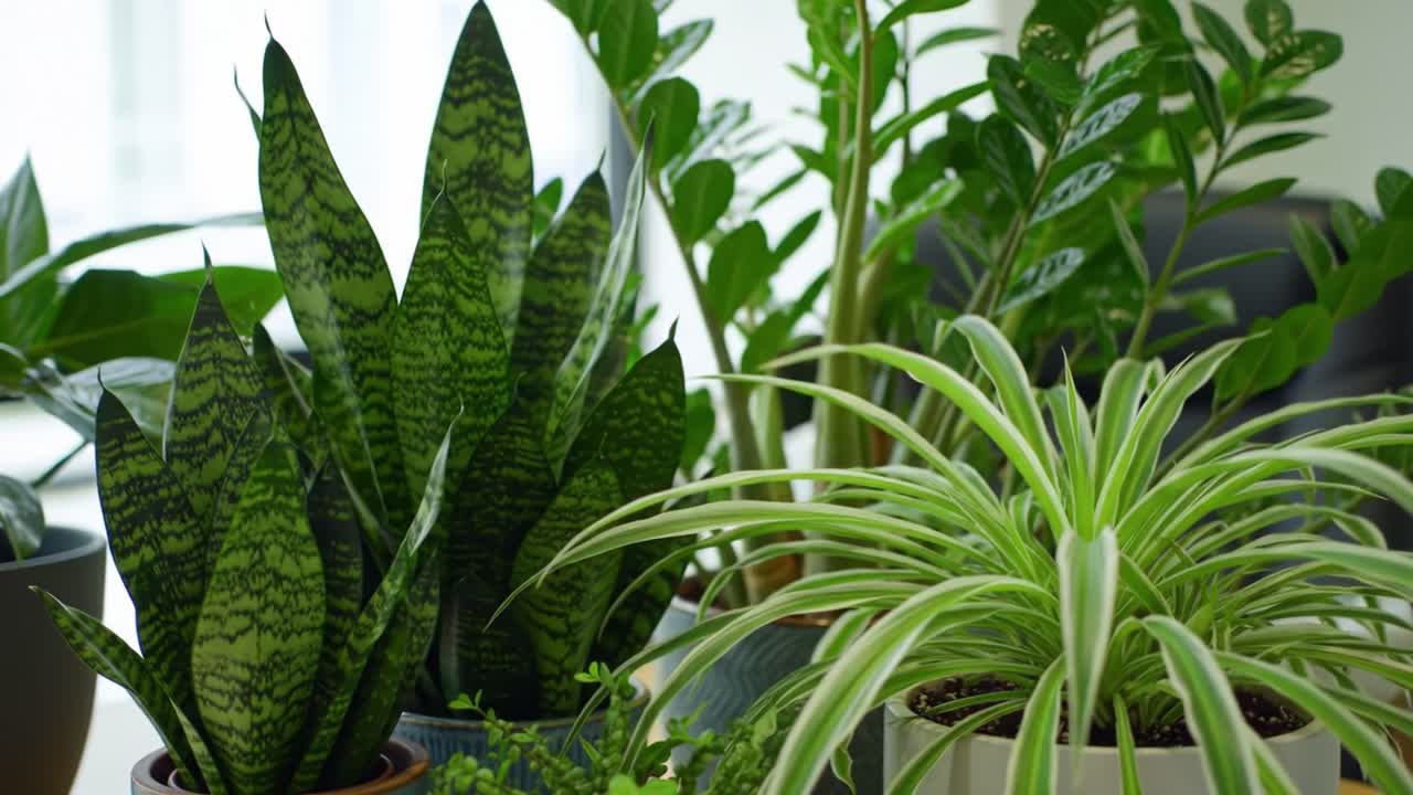 A Lush Display of Indoor Plants Showcasing a Variety of Green Foliage, Perfectly Arranged in Different Pots Enhancing the Serenity and Beauty of the Space