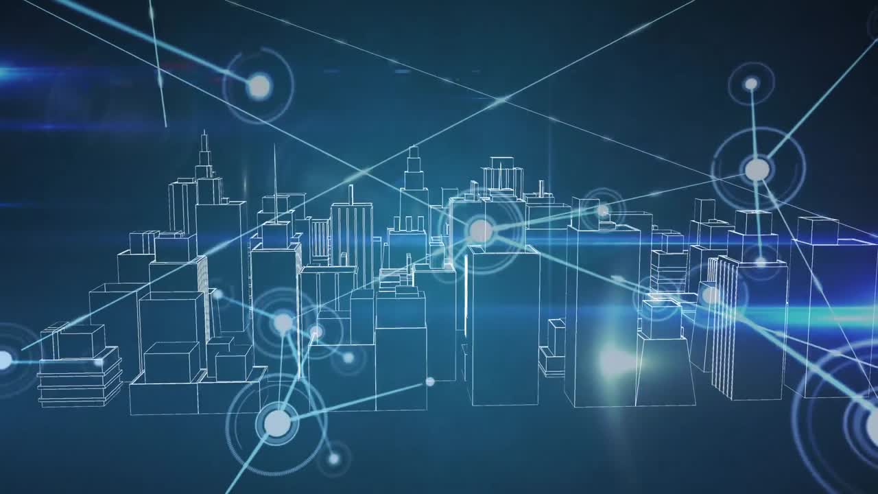 3d 도시 풍경 위의 연결 네트워크의 애니메이션