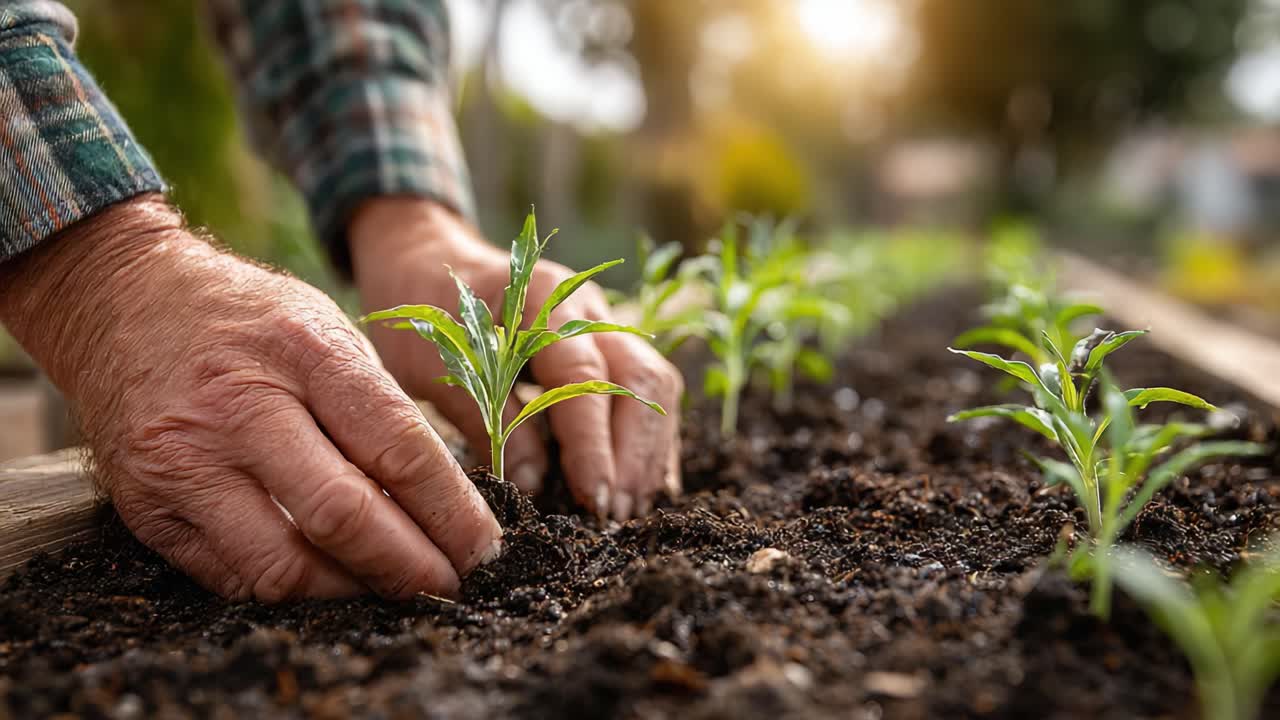 A Gardener's Care: Hands Cultivating Young Plants in Soil, Nurturing Growth in a Vibrant Garden Setting Under Soft Natural Light