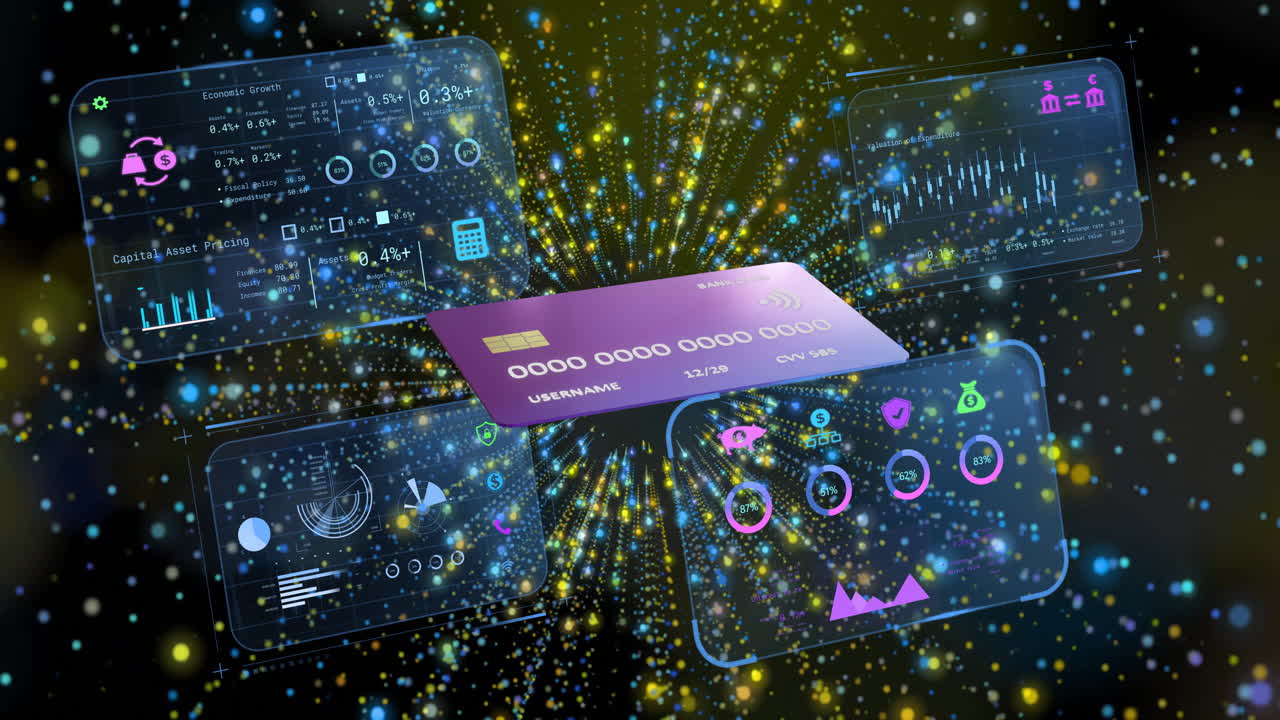 Animation of digital data interfaces and graphs surrounding glowing purple rectangle