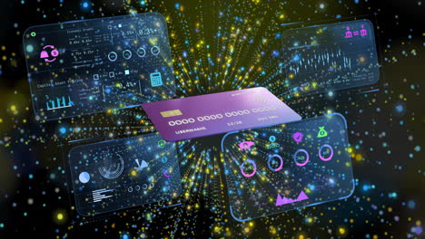 animation of digital data interfaces and graphs surrounding glowing purple rectangle