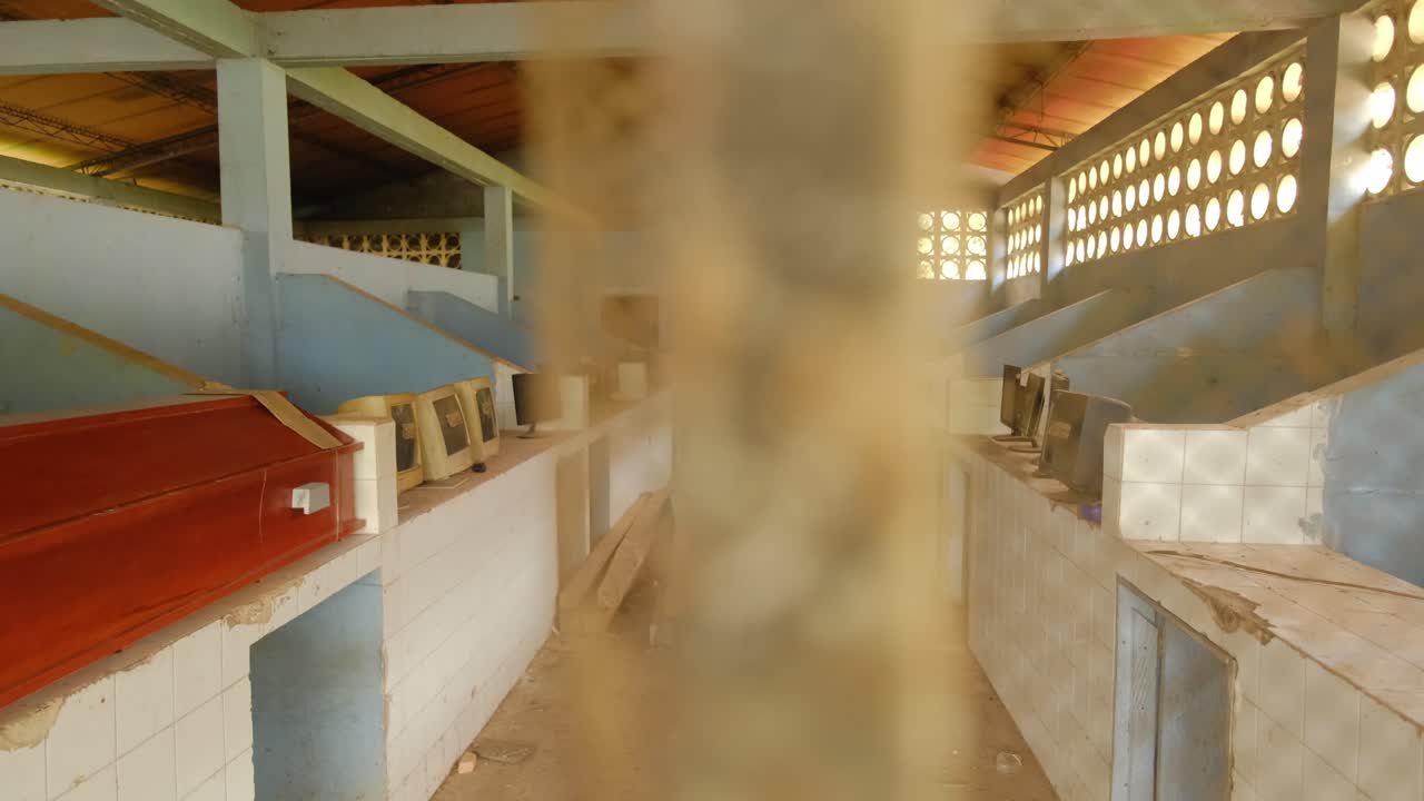 Abandoned Computer Office Building, Ruined Interior and Monitors, Window View