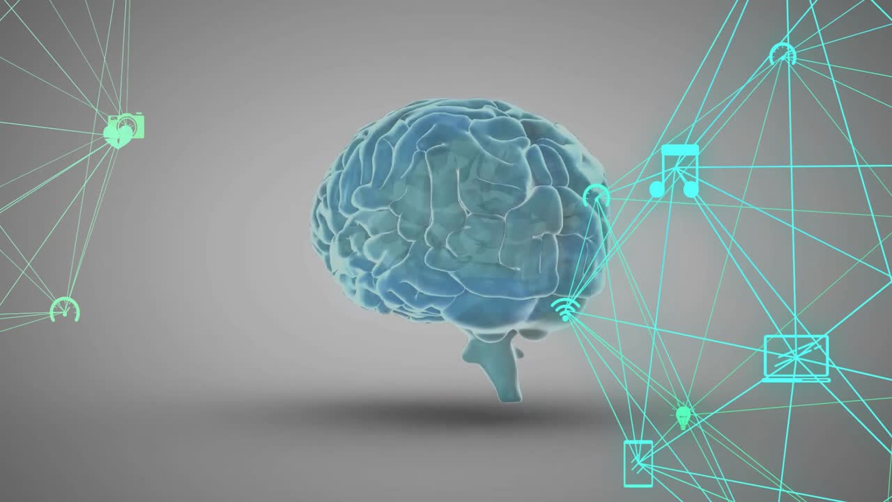 On start 3D brain rotating while network lines pulsing, icons sliding visualizing data integration