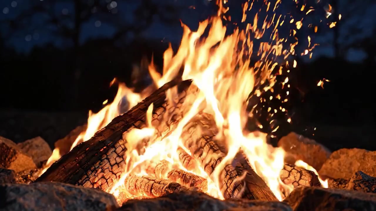 Loderndes Lagerfeuer erhellt den Nachthimmel: Ein faszinierendes Schauspiel aus Flammen und Schatten mit knisternden Holzscheiten und funkelnder Glut unter einem sternenübersäten Hintergrund.