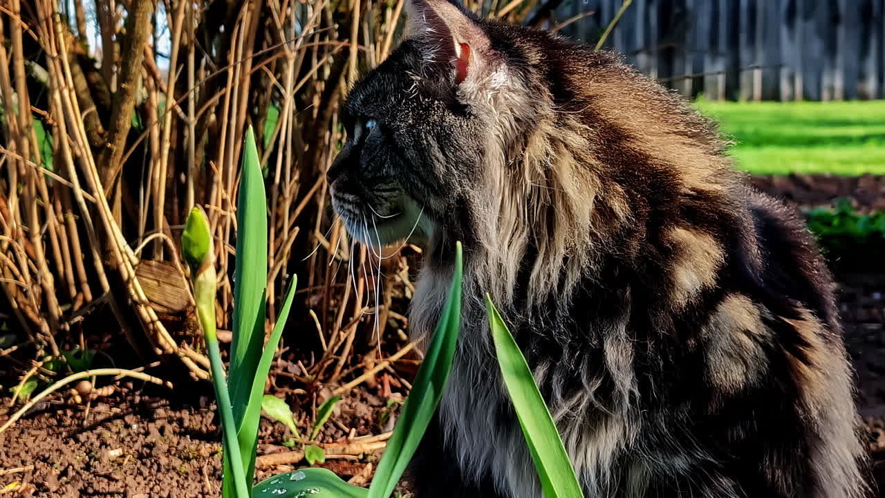 Fluffy maine coon brown cat sits in a sunlit garden, gazing sideways among green leaves and dry branches