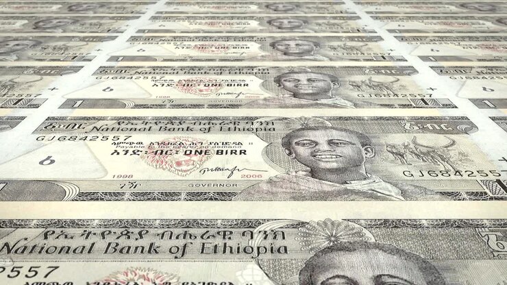 Banconote da un birr etiope dell'Etiopia che scorrono, denaro contante, in loop