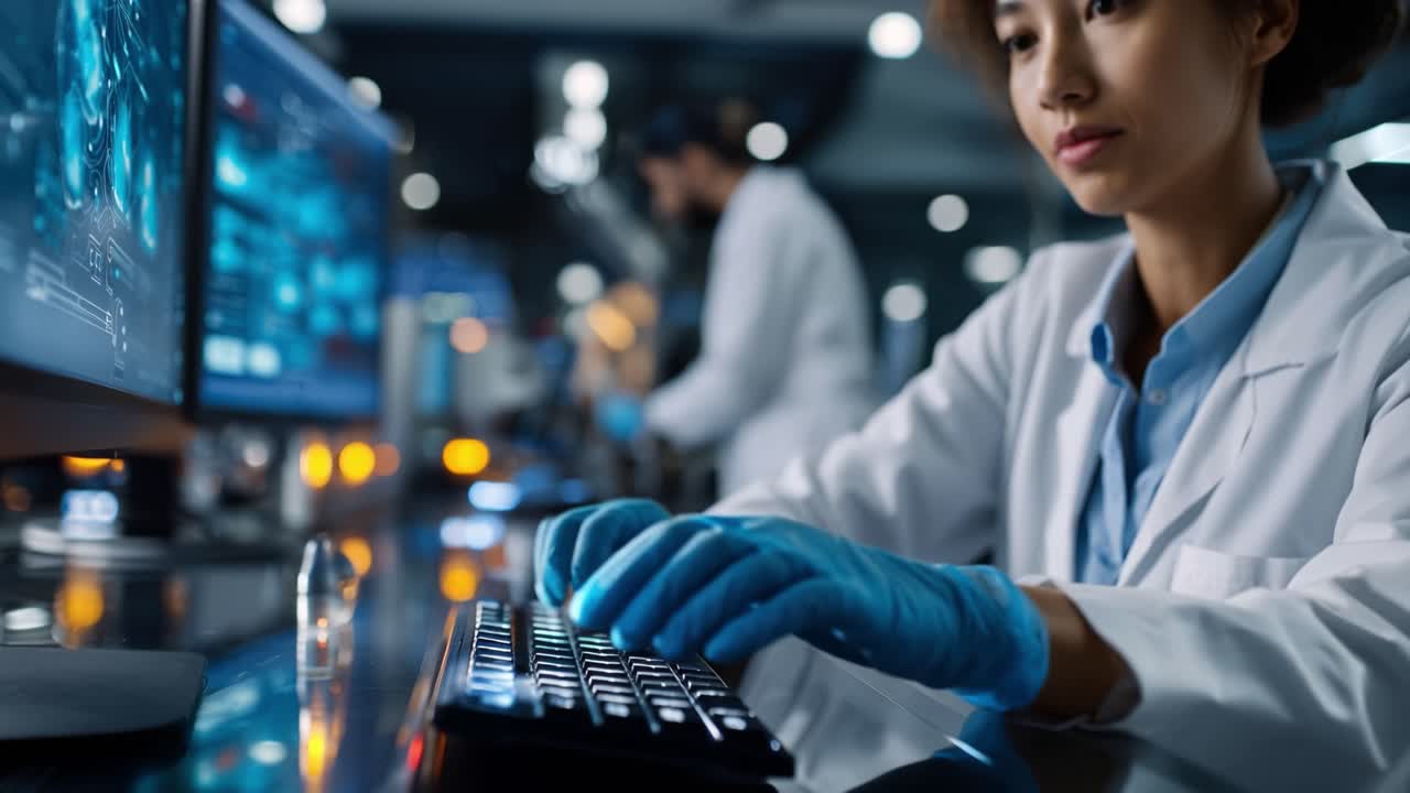 Focused woman in lab coat types on keyboard. Blue gloves show precision and care. Bright screens glow with data streams. Background workers blur, hinting at team effort. Ideal for tech, research
